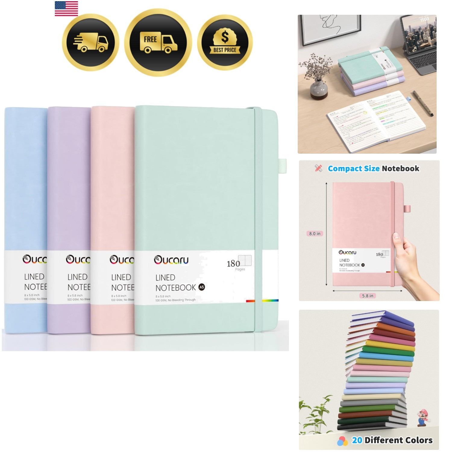 Lined Journal Notebook, 4 Pack, 180 Pages, A5 Journals for Writing, 100 GSM T…