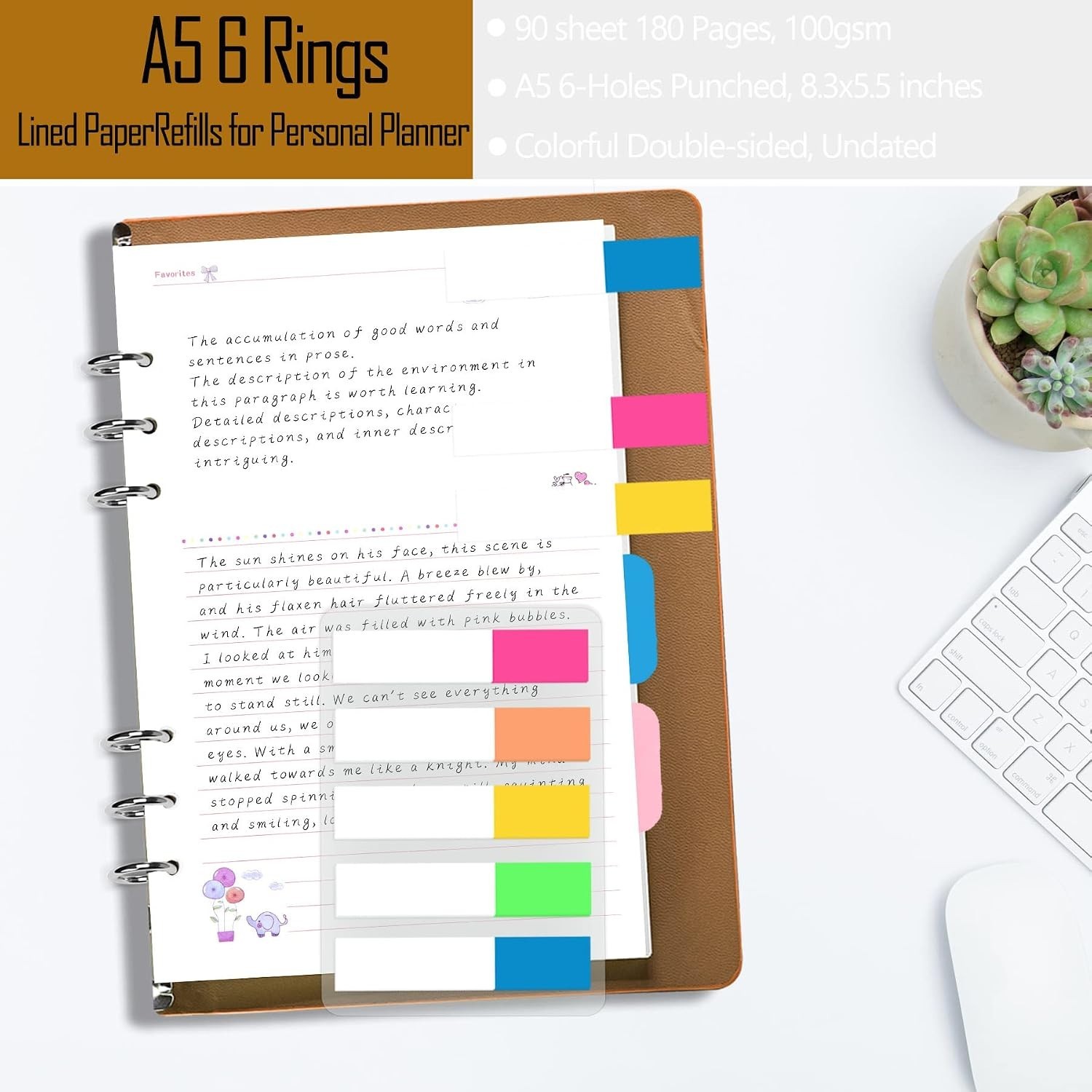 A5 Refill Line Paper, Colorful 6-Rings Binder Papers Refill, Notebook Inserts…
