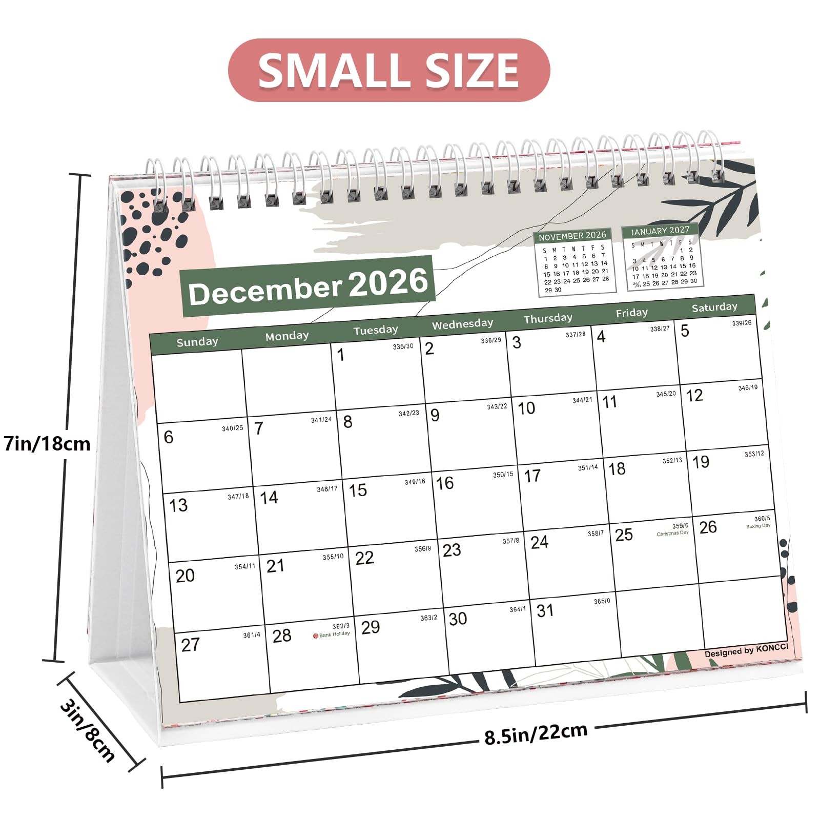 Small Desk Calendar 2026-2027, Koncci Standing Flip 8.5 X 7 Inches, Colorful