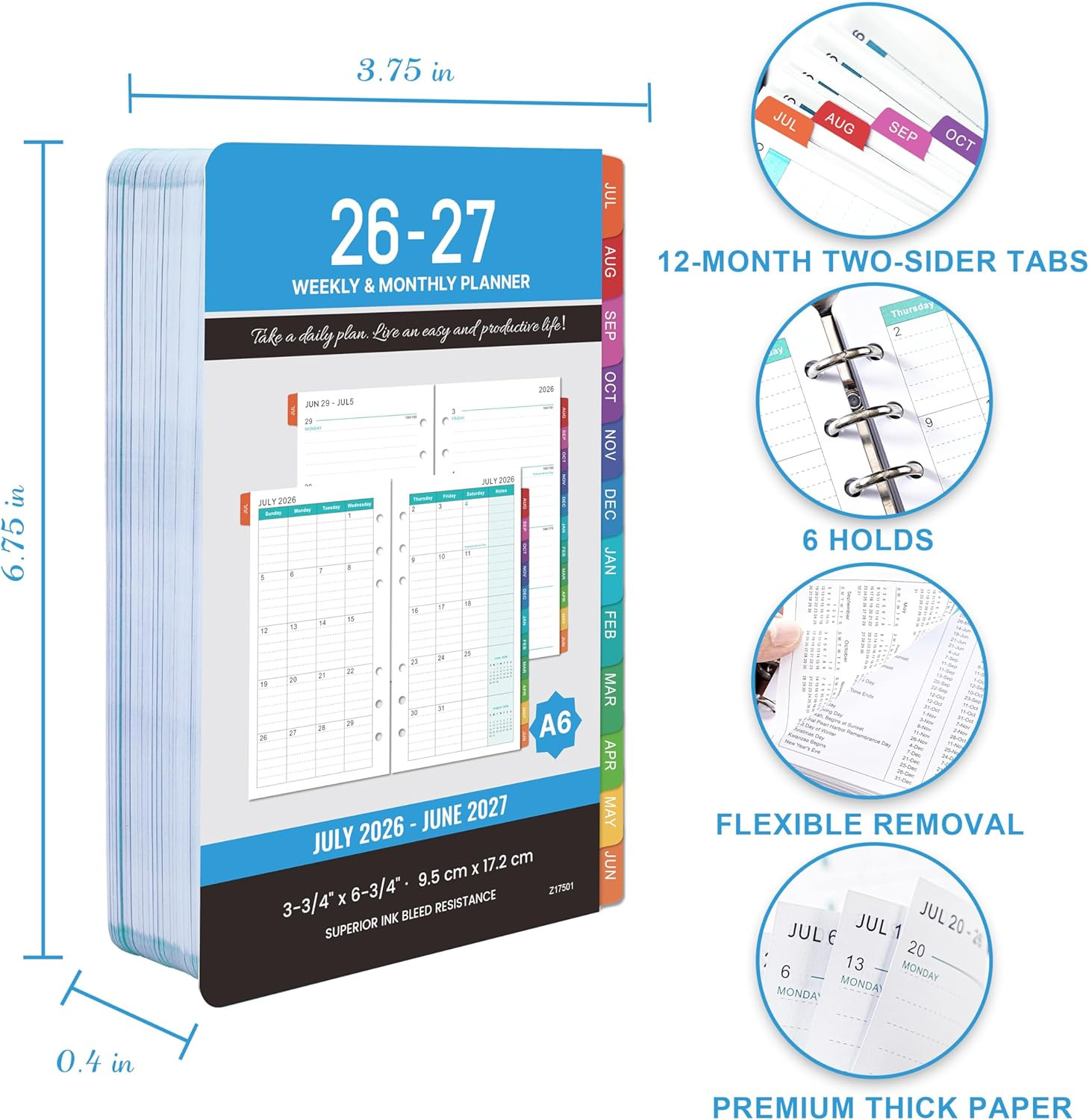 2026-2027 Planner Refills – 4″ X 7″, A6 Weekly and Monthly Planner Inserts, Jul.