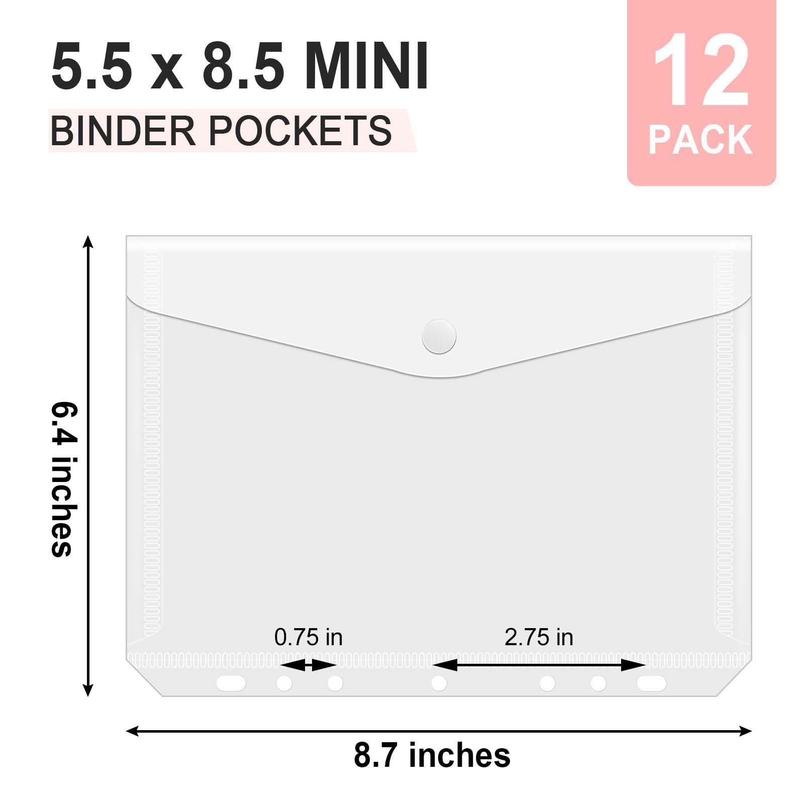 8.5×5.5 Binder Pockets, Poly Mini Binder Pocket 5.5 x 8.5 inches, 7-Hole Punched