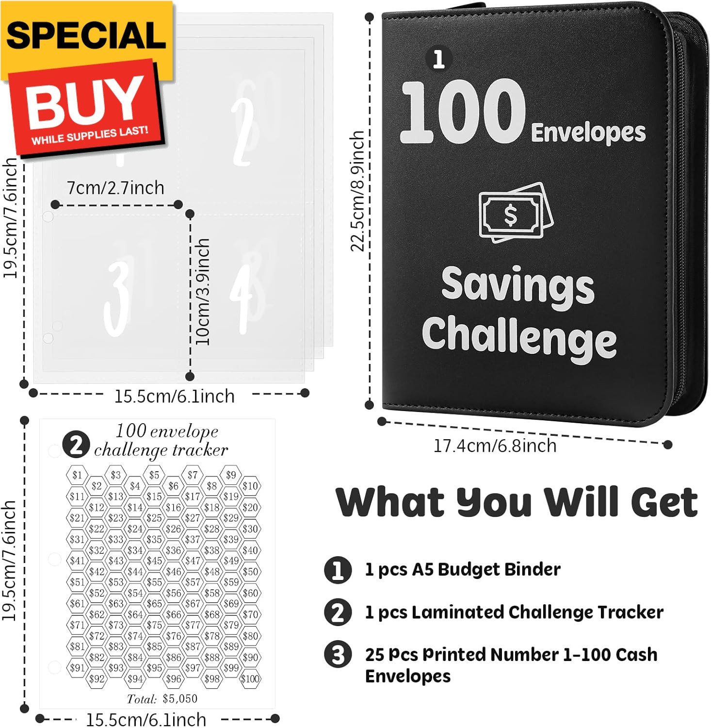 100 Envelopes Money Challenge Binder with Laminated Tracker, Budget Binder with