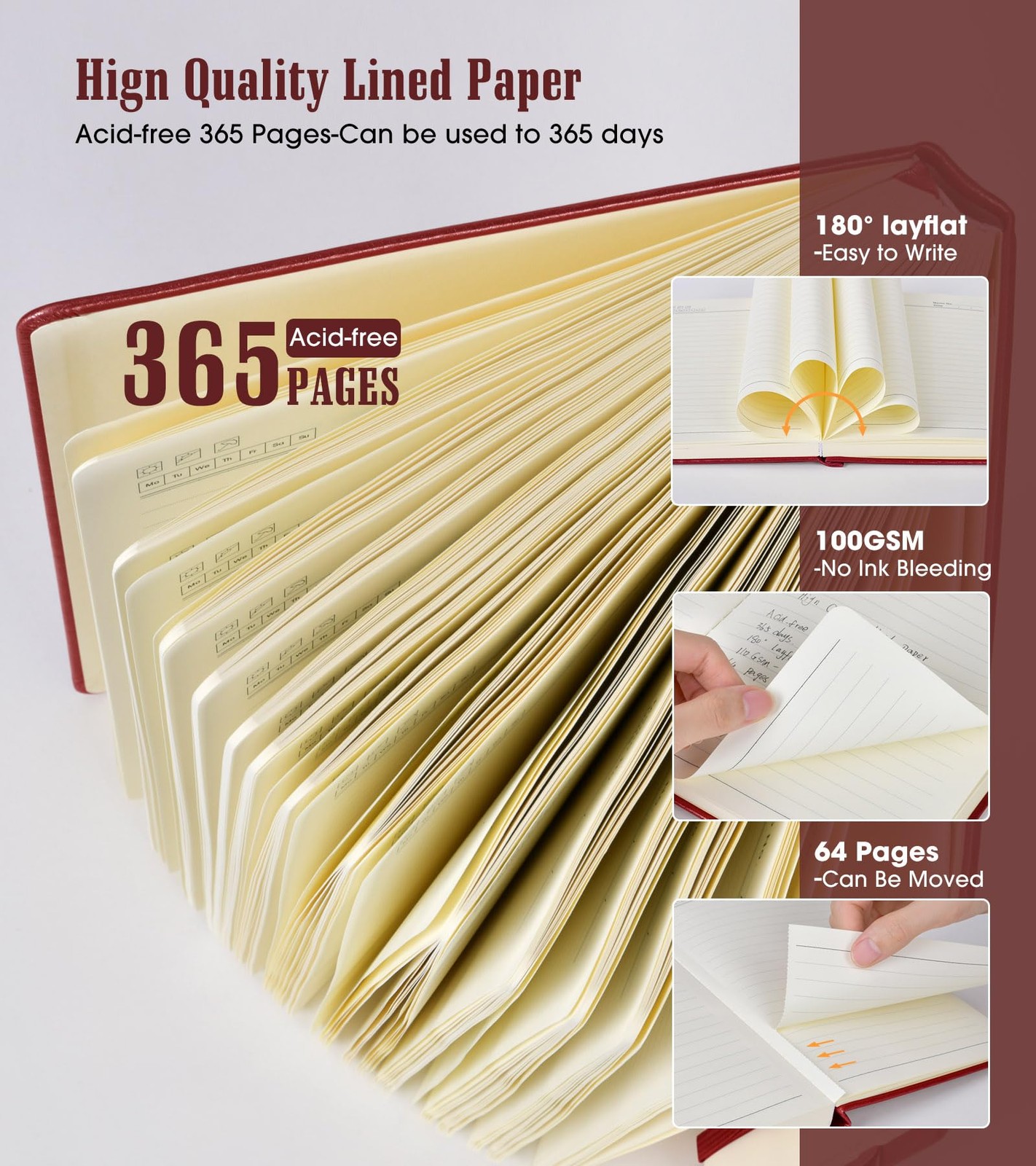 Lined Journal Notebook -365 Pages A5 Thick Journals for Lined, Wine