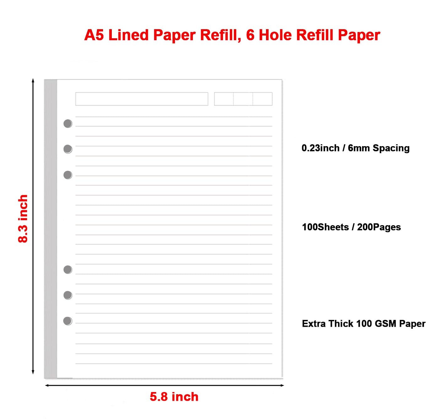 A5 Lined Paper Refill, 6 Hole Notebook Refills 6Hole 100Sheets, White
