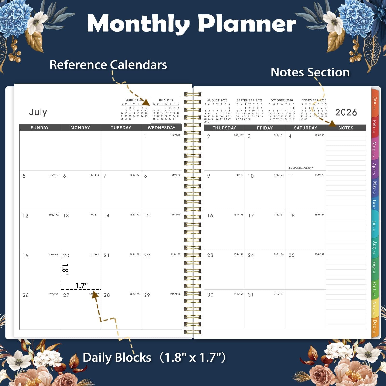 2026-2027 Monthly Planner 18 Month Calendar 9×11 Twin Wire Binding Notes Pages