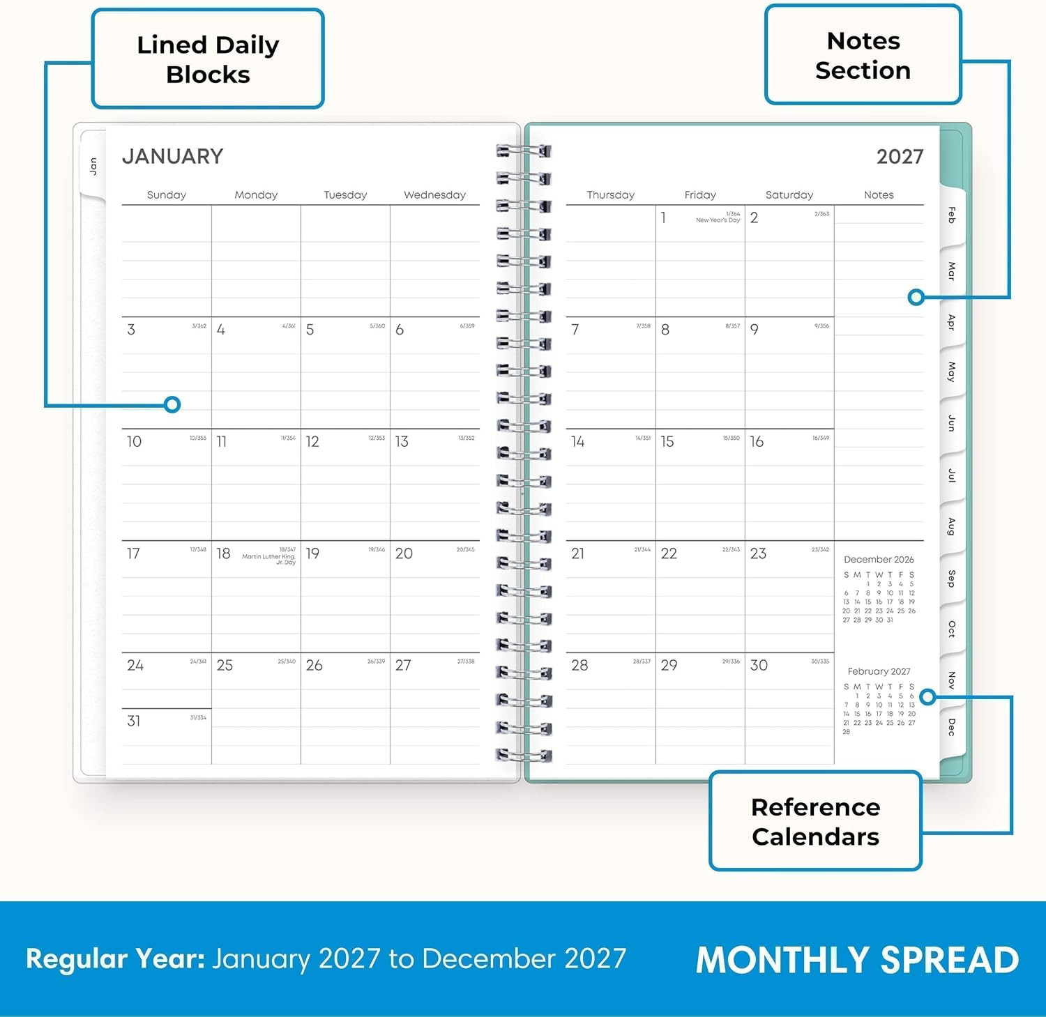 2027 Weekly and Monthly Planner Calendar, January 2027 – December