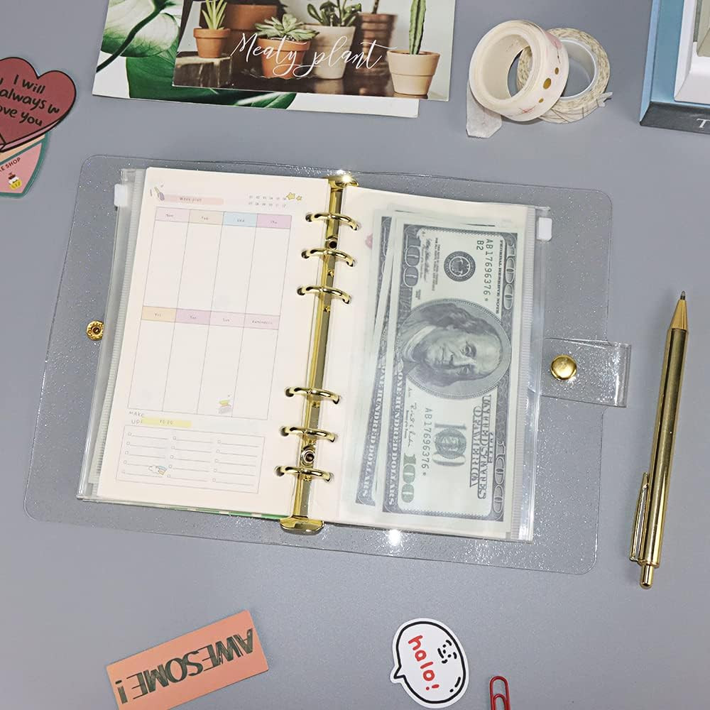 A6 6-Ring Glitter PVC Binder Planner Cover Gold Rings Loose Leaf Notebook Bin…