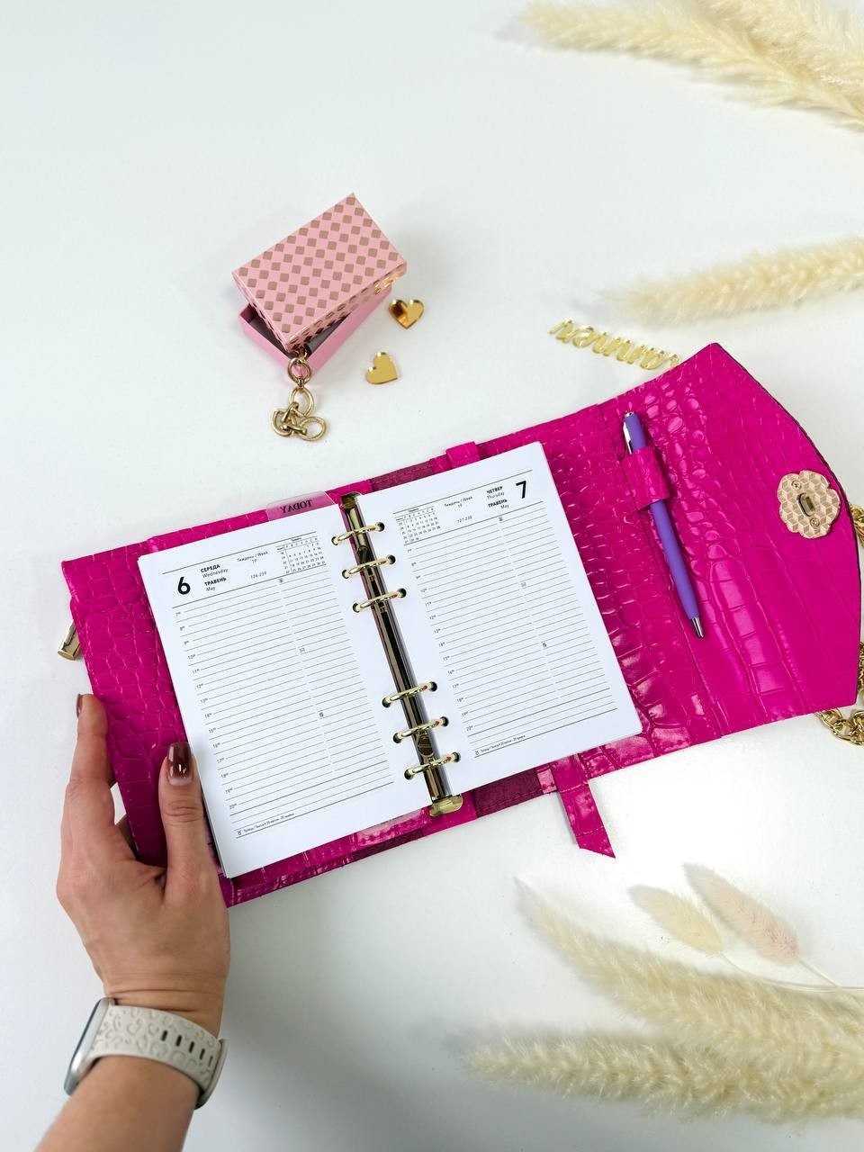 Pink A6 leather notebook cover-bag binder 6-Rings. Dated planner gift for her.