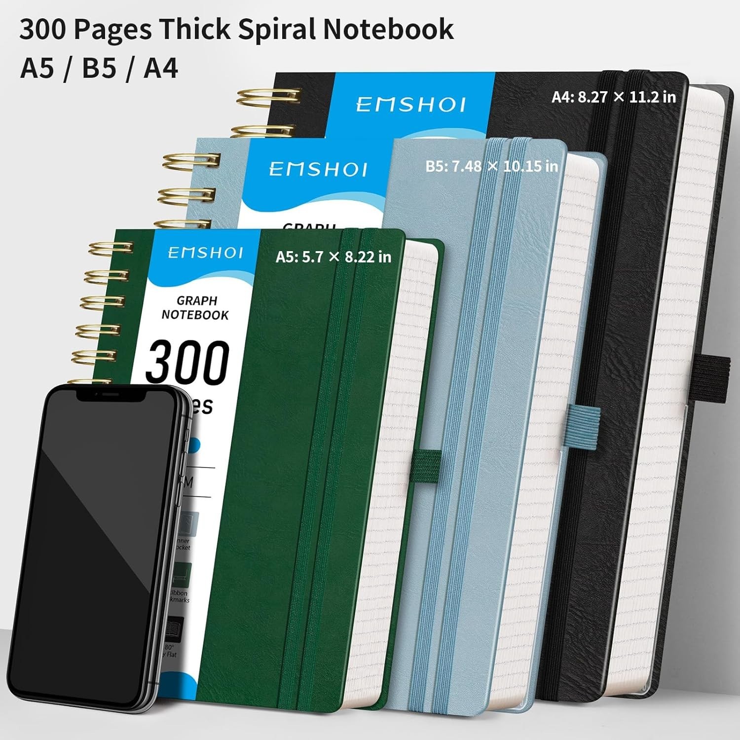 EMSHOI Spiral Graph Paper Notebook – 300 Pages, 100 GSM Thick Grid Notebook,