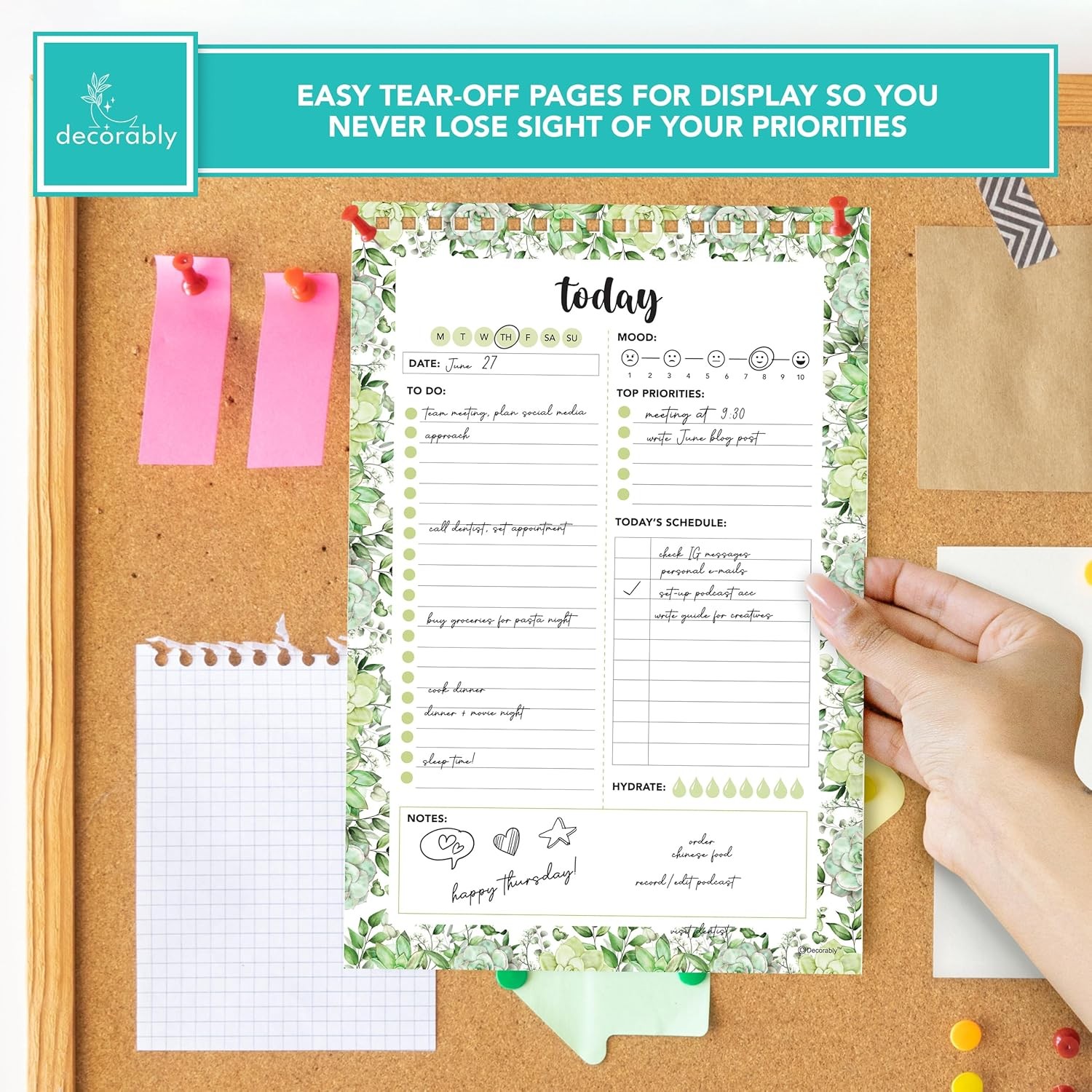 Decorably 52 Sheets Greenery Undated Daily to Do List Notepad with Water Tracker