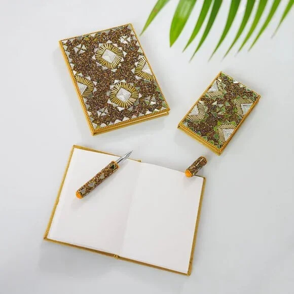 Set of 3 Brown Bedazzled Diary (7 x 5, 6 x 4, 3 x 5 in) and with Matching Pen