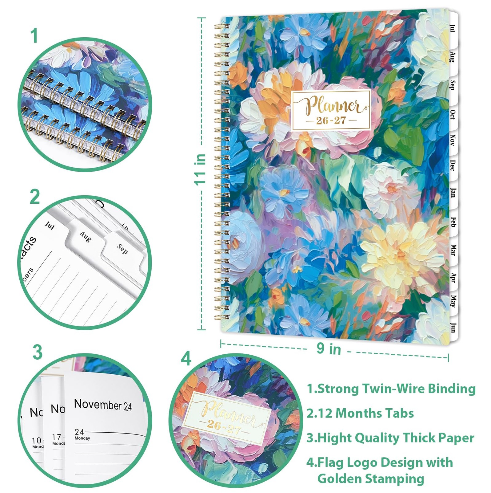 Planner 2026-2027,2026-2027 Weekly and 8.5″ x 11″ x 0.5″, Green