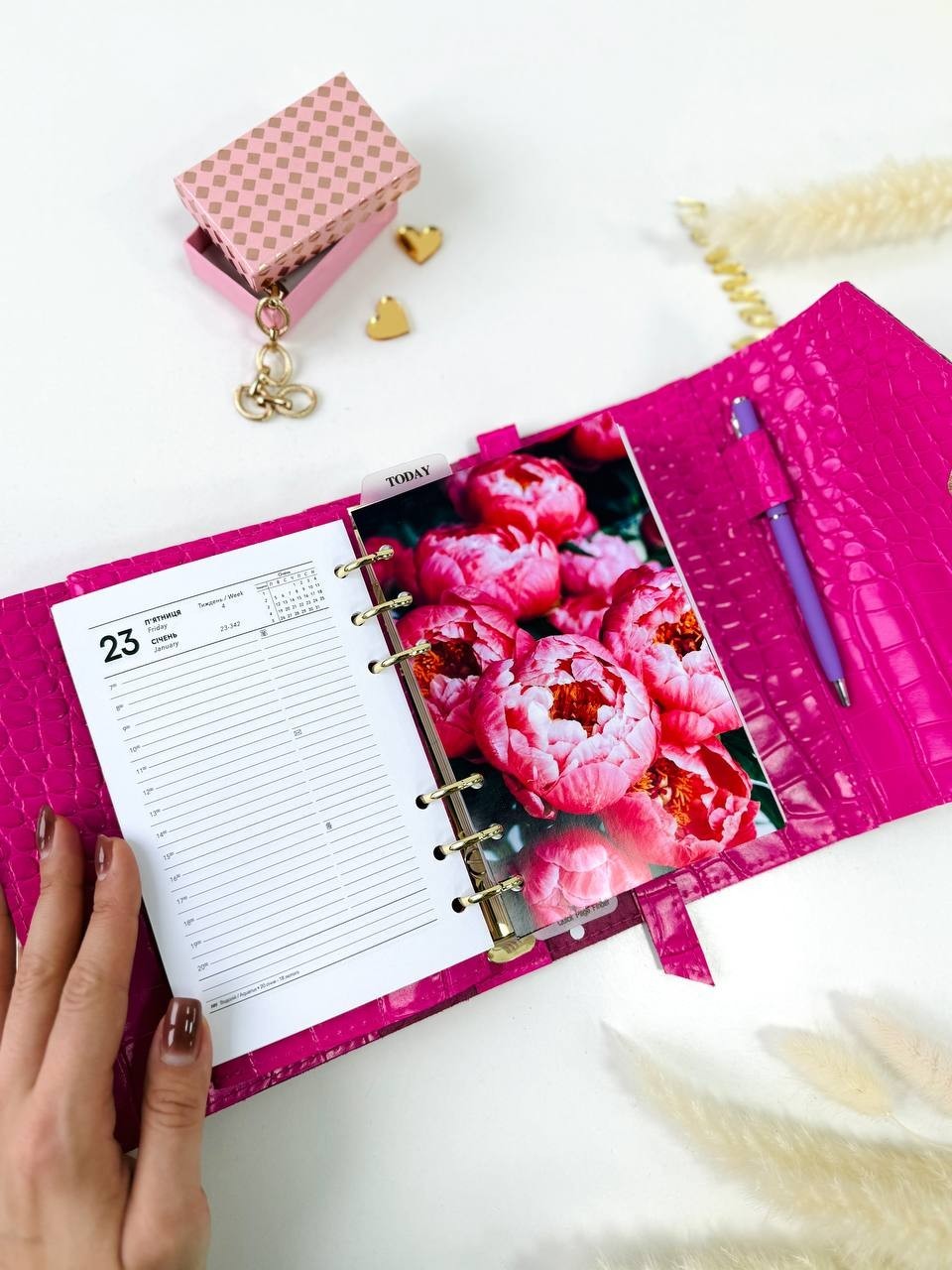 Pink A6 leather notebook cover-bag binder 6-Rings. Dated planner gift for her.