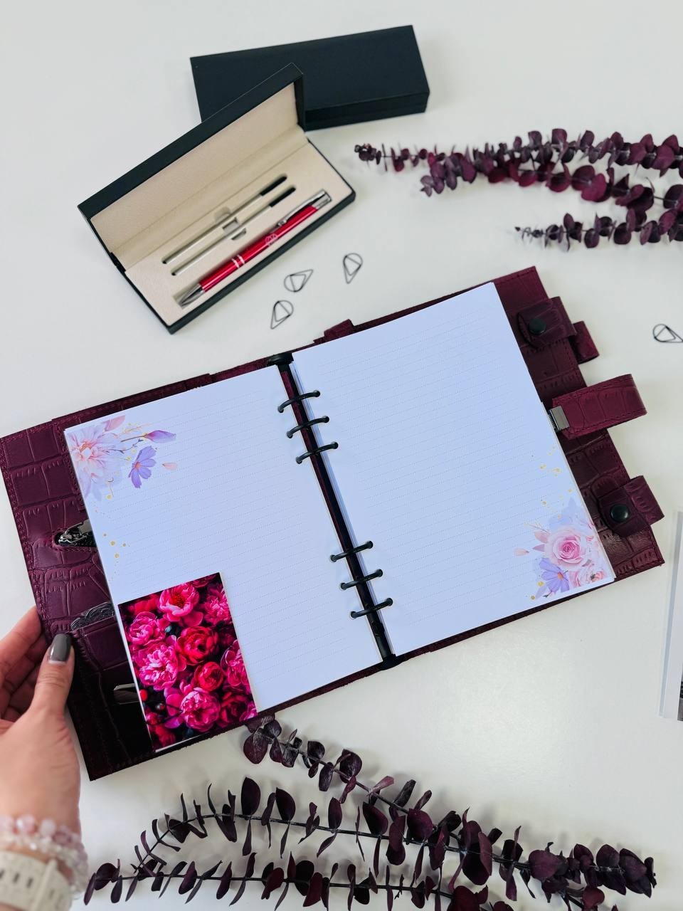 Burgundy Leather notebook cover A5 model 3in1 organizer.Lather planner binder.