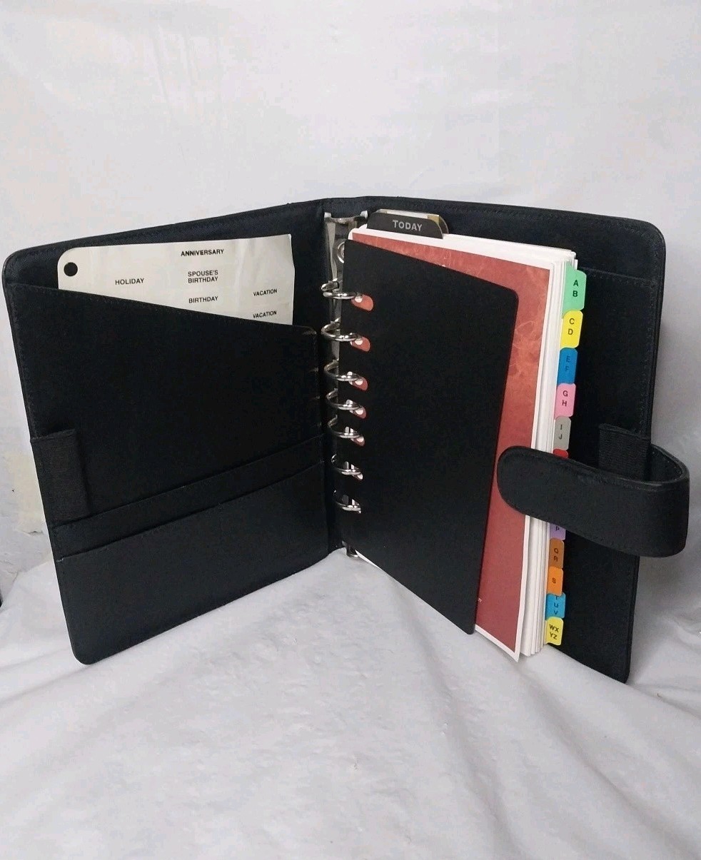 Vintage Daytimer Planner Binder Black Leather 7 Ring Organizer 9.5″ X 7.5″
