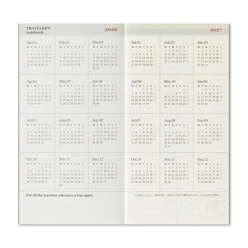 Traveler’s Notebook Planner Refill 2026 A5 Slim Vertical 14496006 January Start