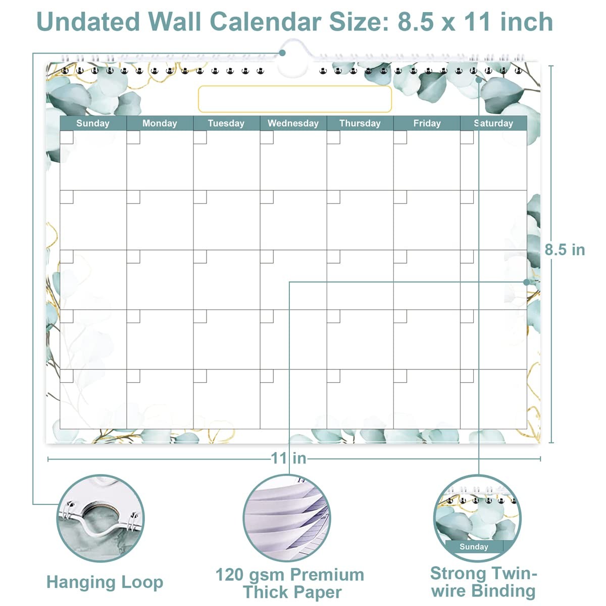 Undated Wall Calendar for 2026 or Any Year – 8.5″ x 11″, Leaf