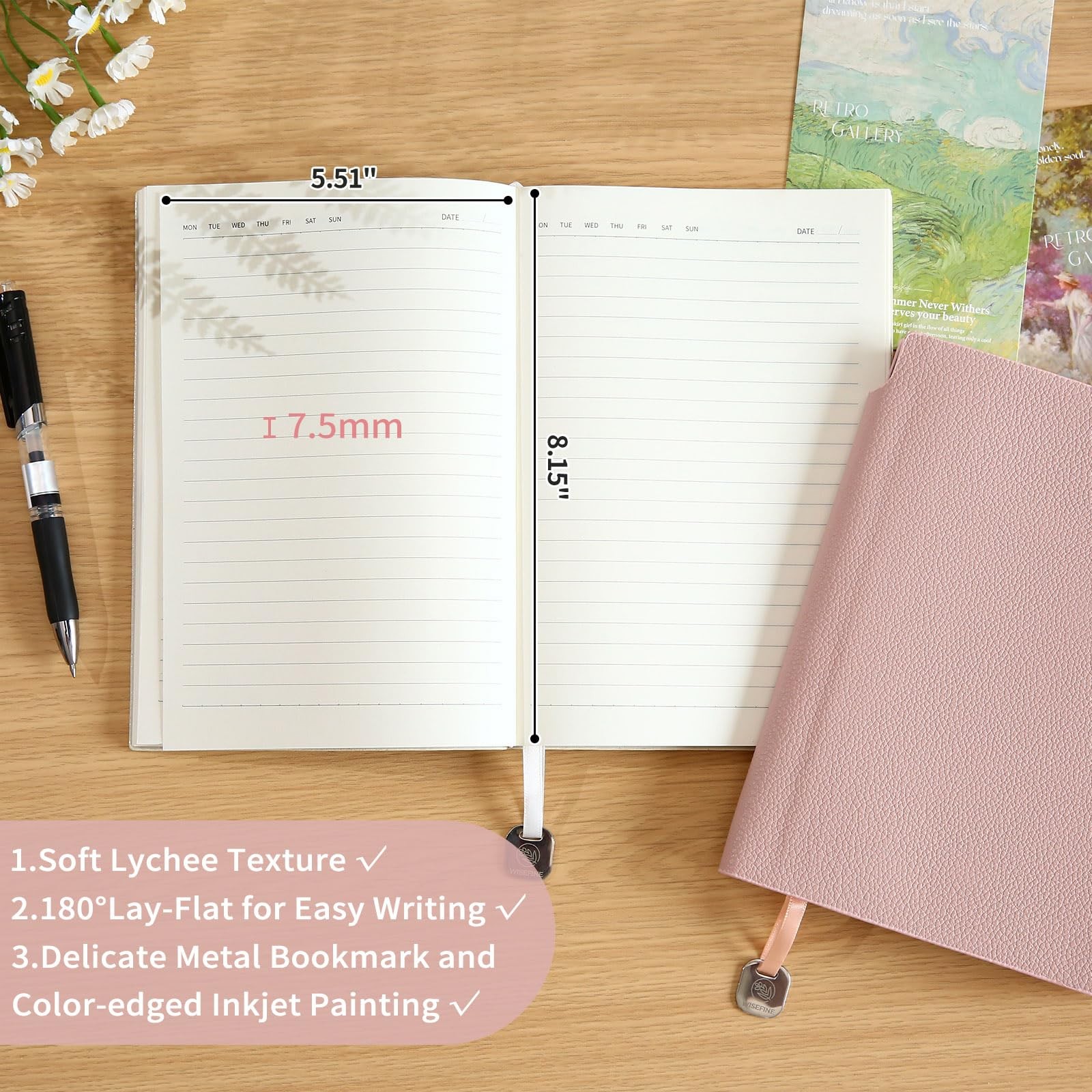 Wisefine Lined Journal Notebook for Women A5 Softcover PU Leather 1pack-Pink