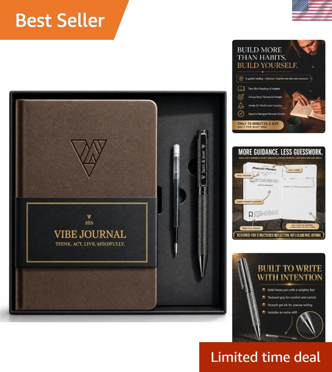 Guided Mindfulness Journal & Solid Brass Pen Set for Men – A5 Leather