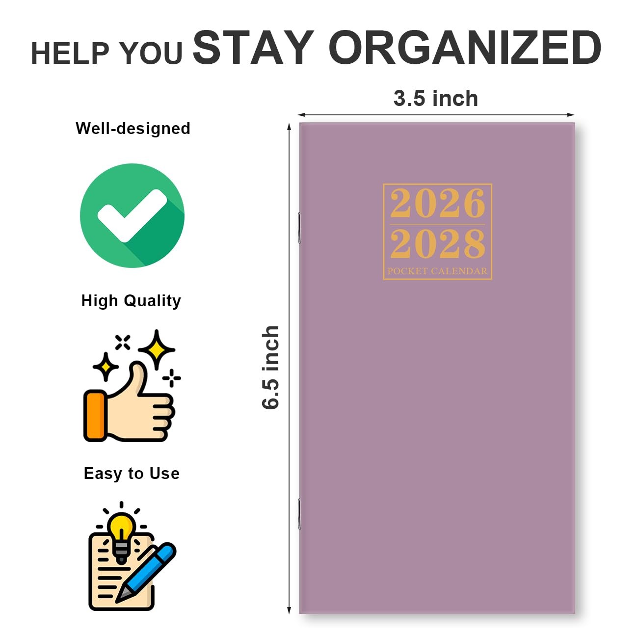 2026-2027 Pocket Calendar for Purse – Mini Monthly 3.5” x 6.5”, Purple