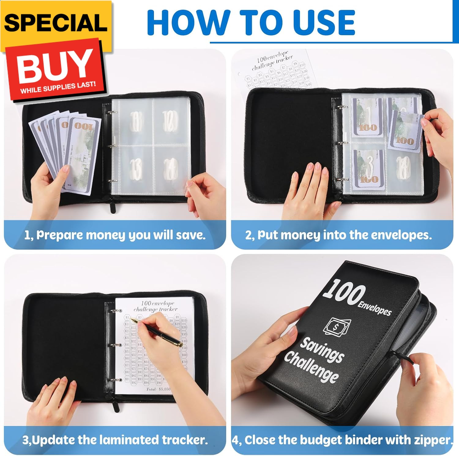 100 Envelopes Money Challenge Binder with Laminated Tracker, Budget Binder with