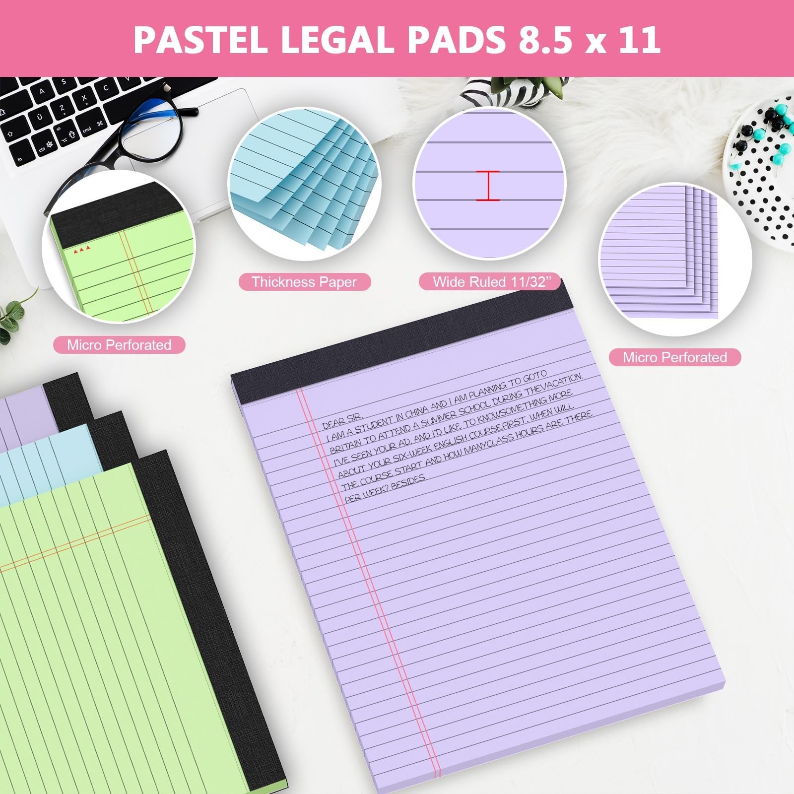 Legal Pads 8.5 x 11, Colored Note Pads 8.5 x 11, Wide Ruled Paper, 3 Pack Not…