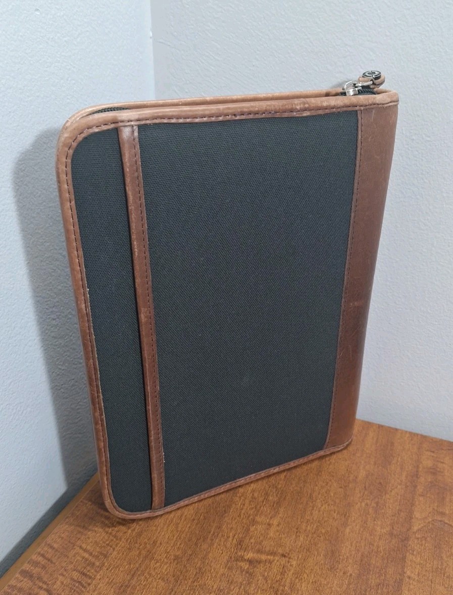 Vtg Franklin Covey Planner Dark Green Canvas Tan Leather Trim 8×10 Zip Closure