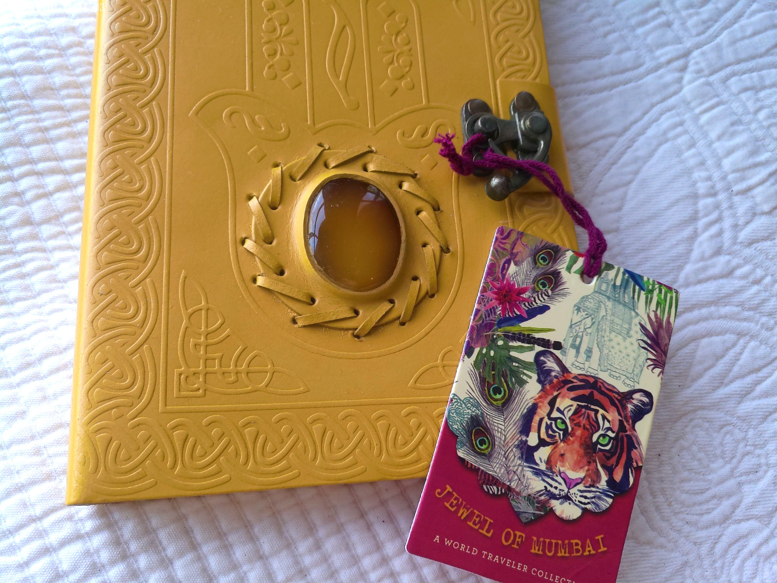 JEWEL OF MUMBAI AMBER FAUX GEM EMBOSSED HANDMADE LEATHER LINED YELLOW GOLD COLOR