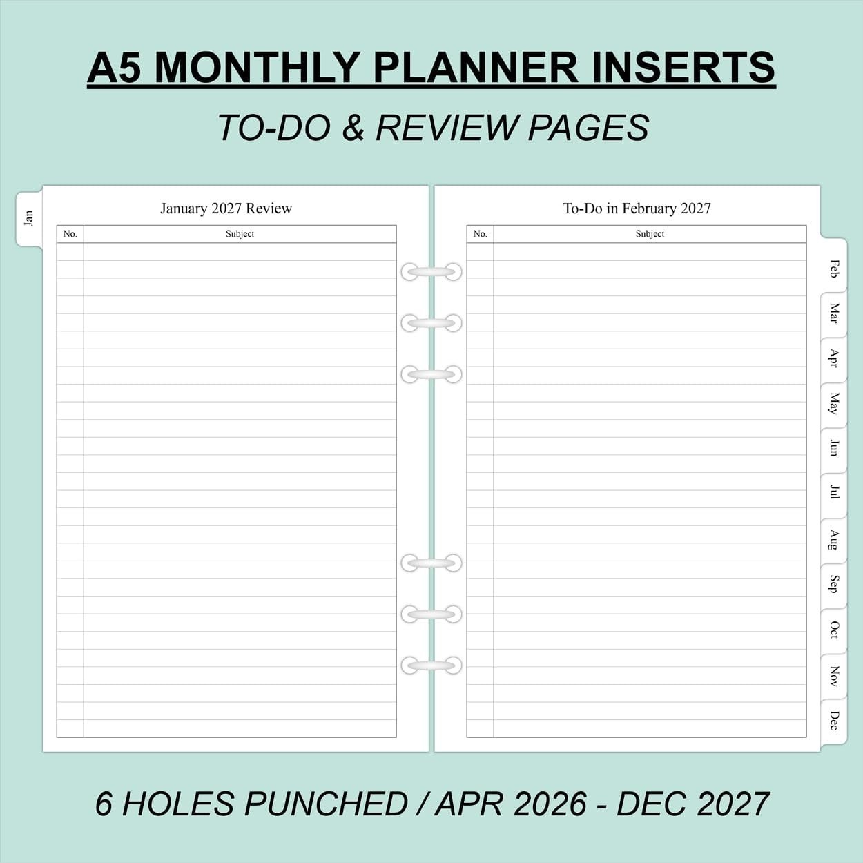2026-2027 A5 Monthly Planner Refills – 21 , Durable 6-Hole Punched