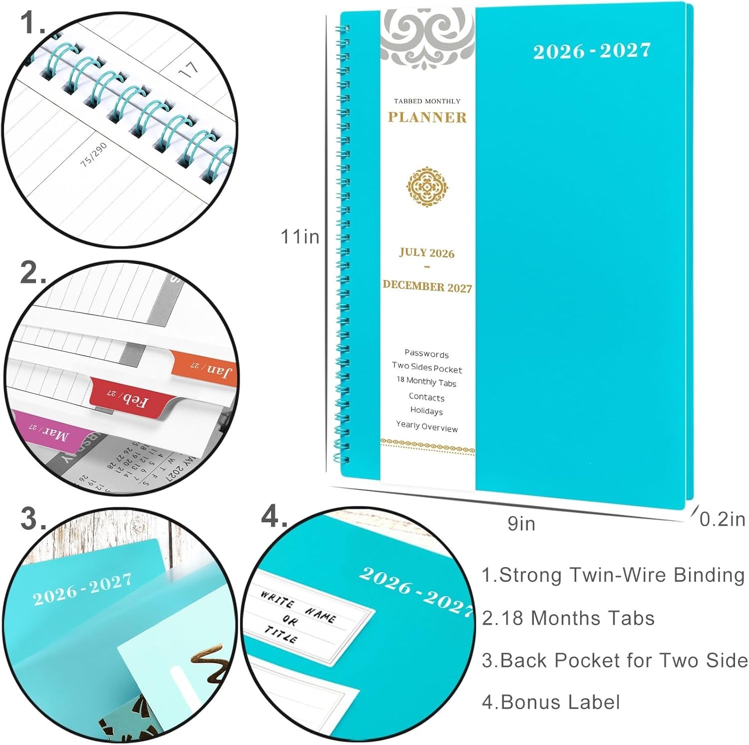 Elegant 2026-2027 Monthly Planner | 9×11 | Durable Twin-Wire Binding & Tabs
