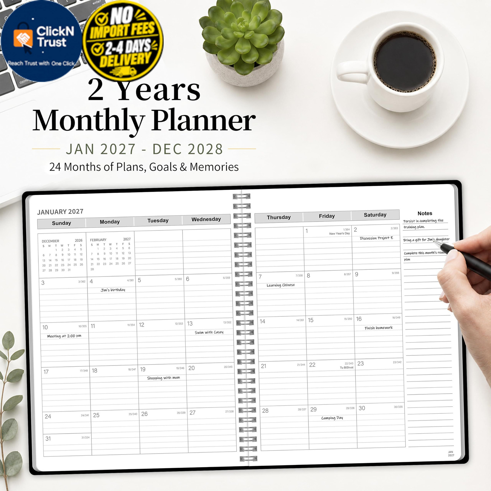 2027-2028 Monthly Planner, Jan 2027-Dec 2028, A4 2027 – Dec Black