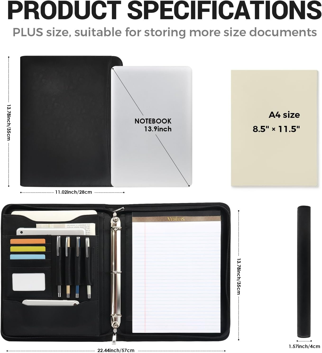 Padfolio Cuero Con Cierre 3 Anillas Organizador Ejecutivo Para Laptop Tablet