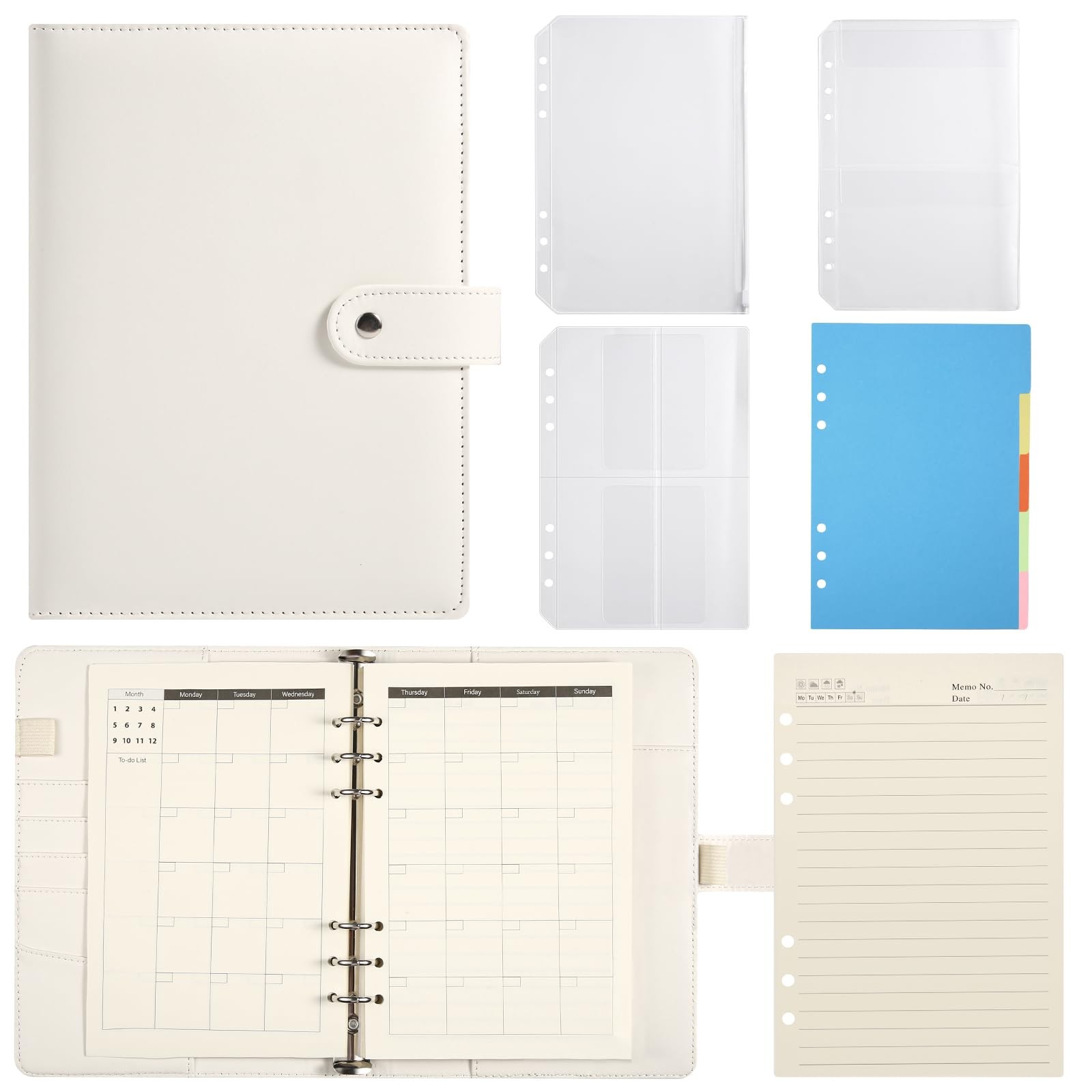 A5 6 Ring Planner Binder – Refillable PU Leather Notebook Organizer A5, Beige