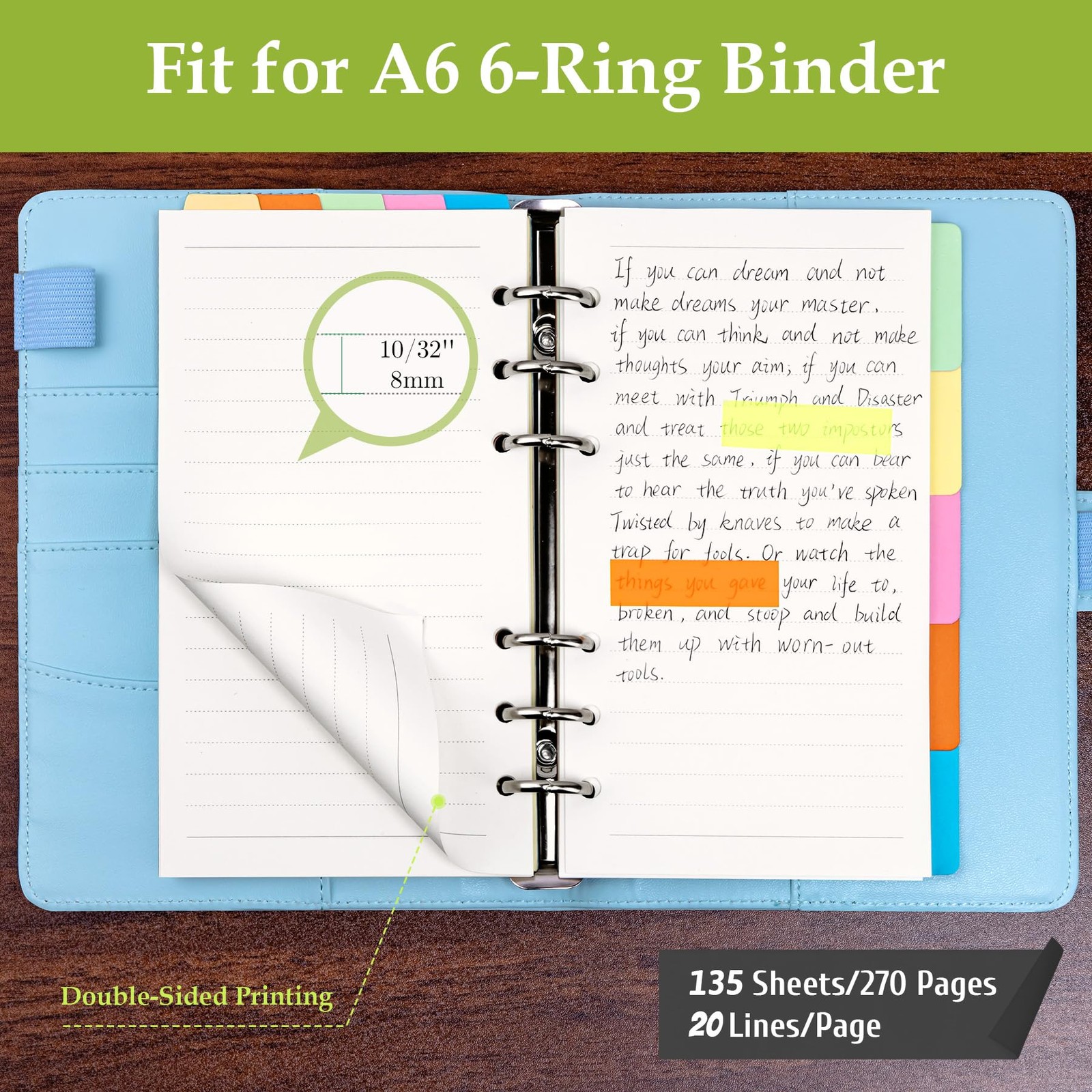 A6 Refill Paper Planner Inserts for A6 6 Ring Notebook Binder, 135 Sheets Lined