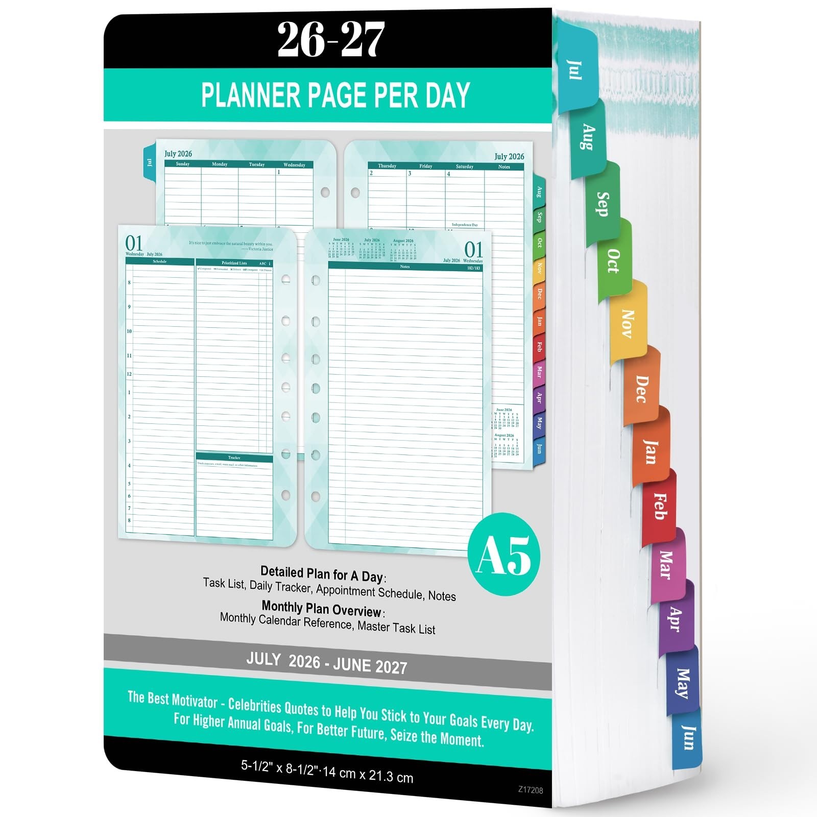 2026-2027 Daily Weekly Monthly Planner Refills, 7-Hole Inserts, Colorful Tabs, 5