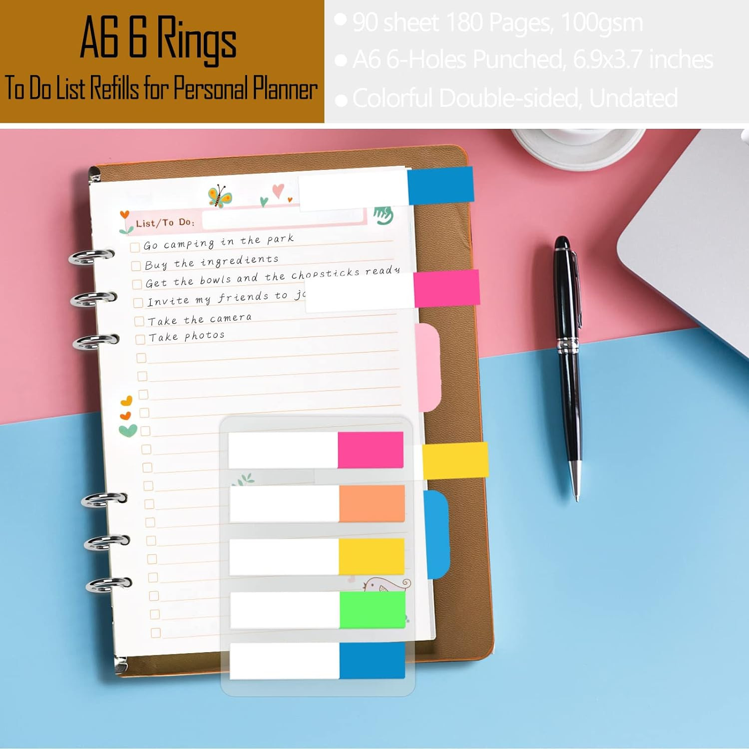 A6 Planner Inserts to Do List, 90 Pages Colorful 6-Ring Loose-Leaf Planner Refil