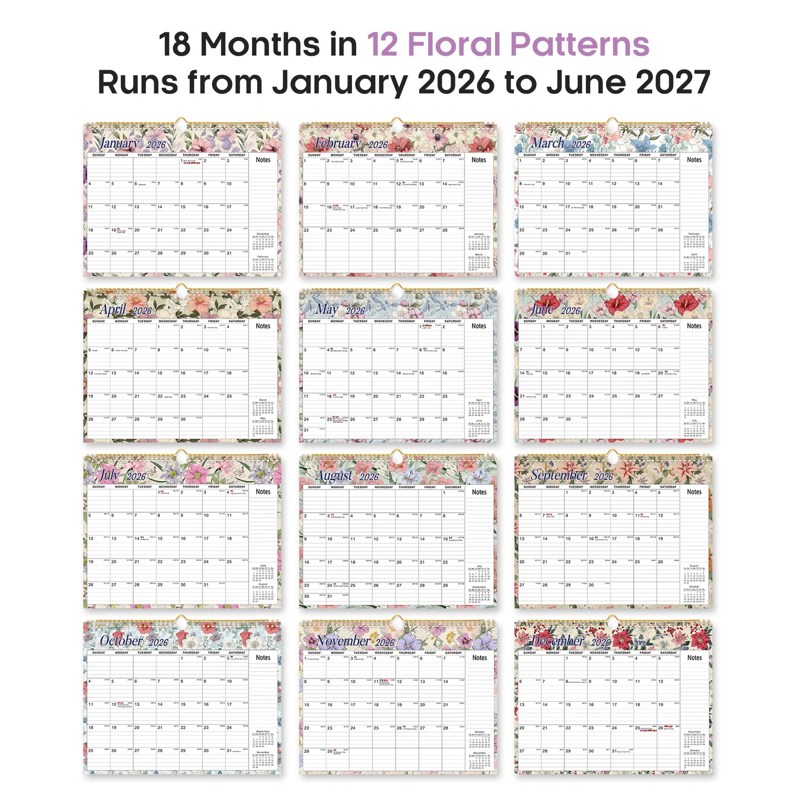 Calendar 2026-2027, 18-Month Wall from Jan 2026 to B.Vintage Floral