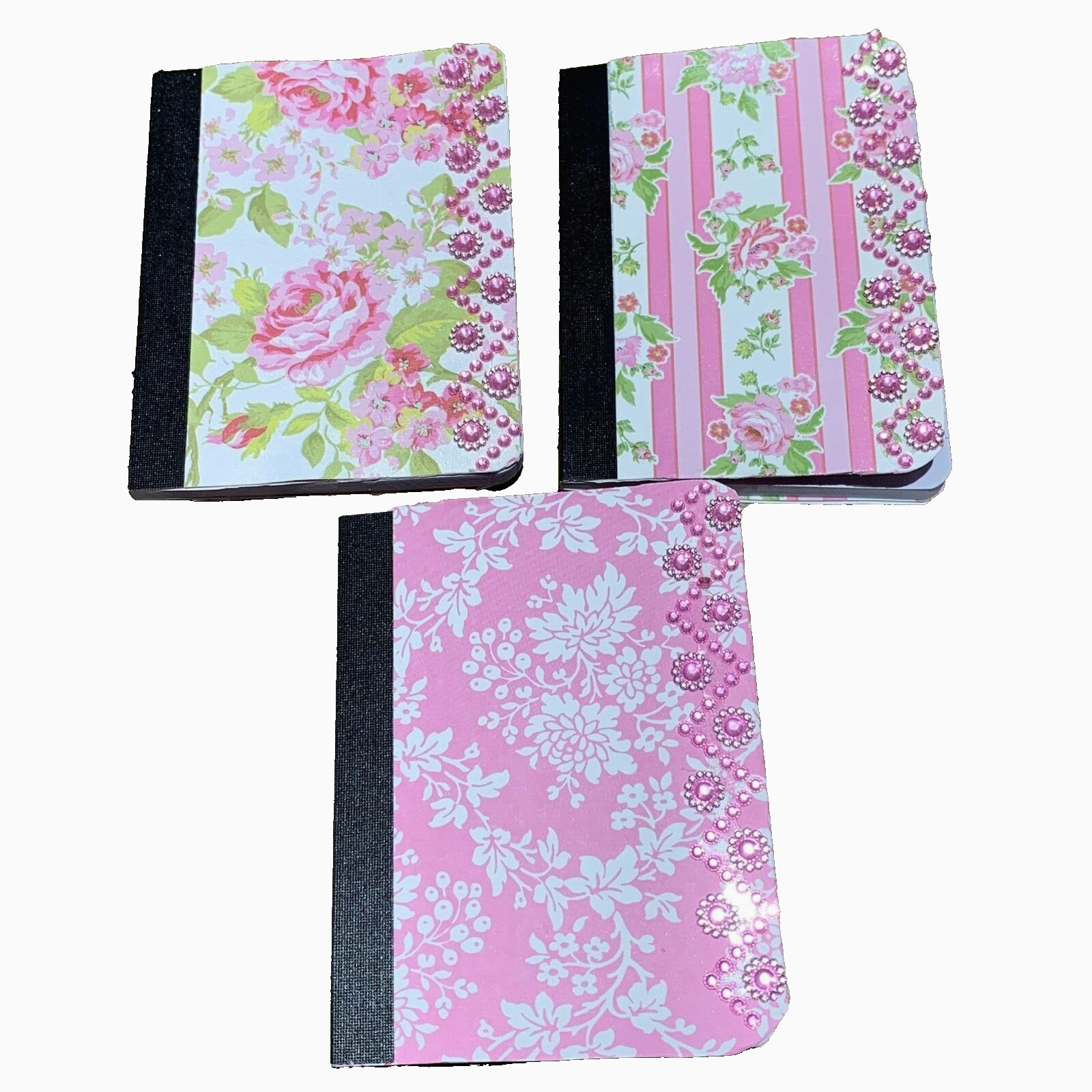 Handmade Mini Composition Notebooks Set of 3 3.25×4.5 in Jewels Pink Flowers