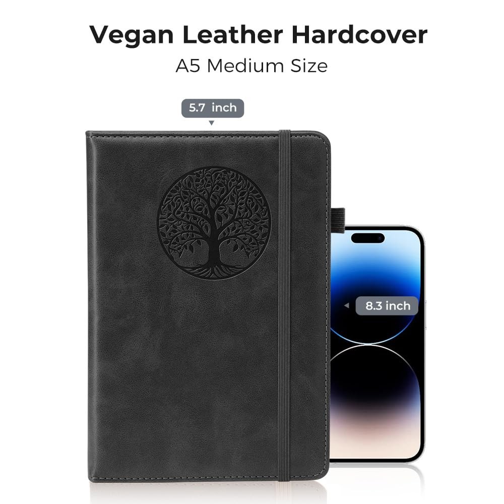 BIYUNRO Lined Journal Notebook for Women & Men, Hardcover Leather A5, Black