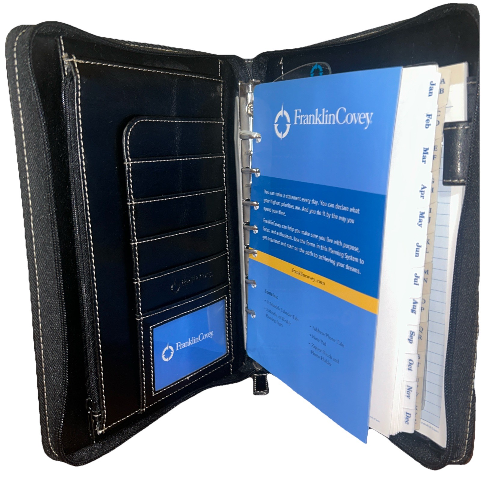Franklin Covey 7 Ring Planner Organizer Pockets Wallet Zip Black Faux Leather FS