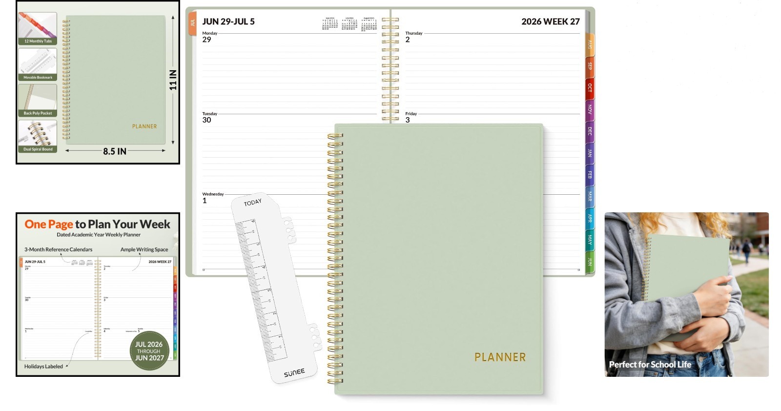 2026-2027 Academic Planner Spiral Bound Student Teacher Organizer 8.5×11 Green