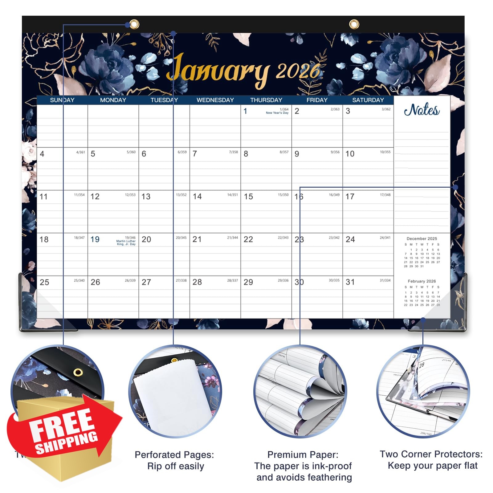 Vindora 2026 Desk Calendar 17″ x 12″ Pad