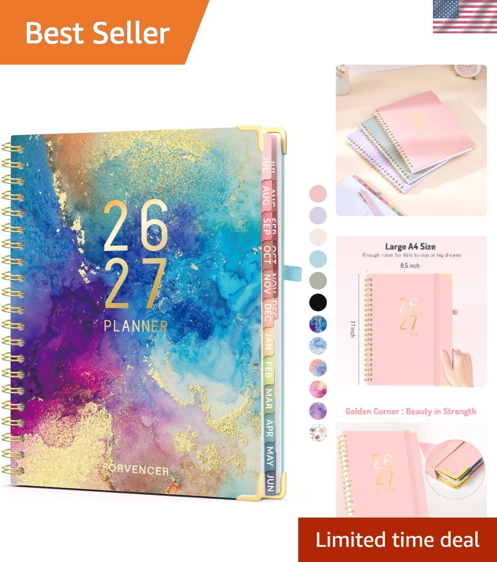 Spiral-Bound 18- Academic Planner 2026-2027 – A4 Size, Elegant Marble