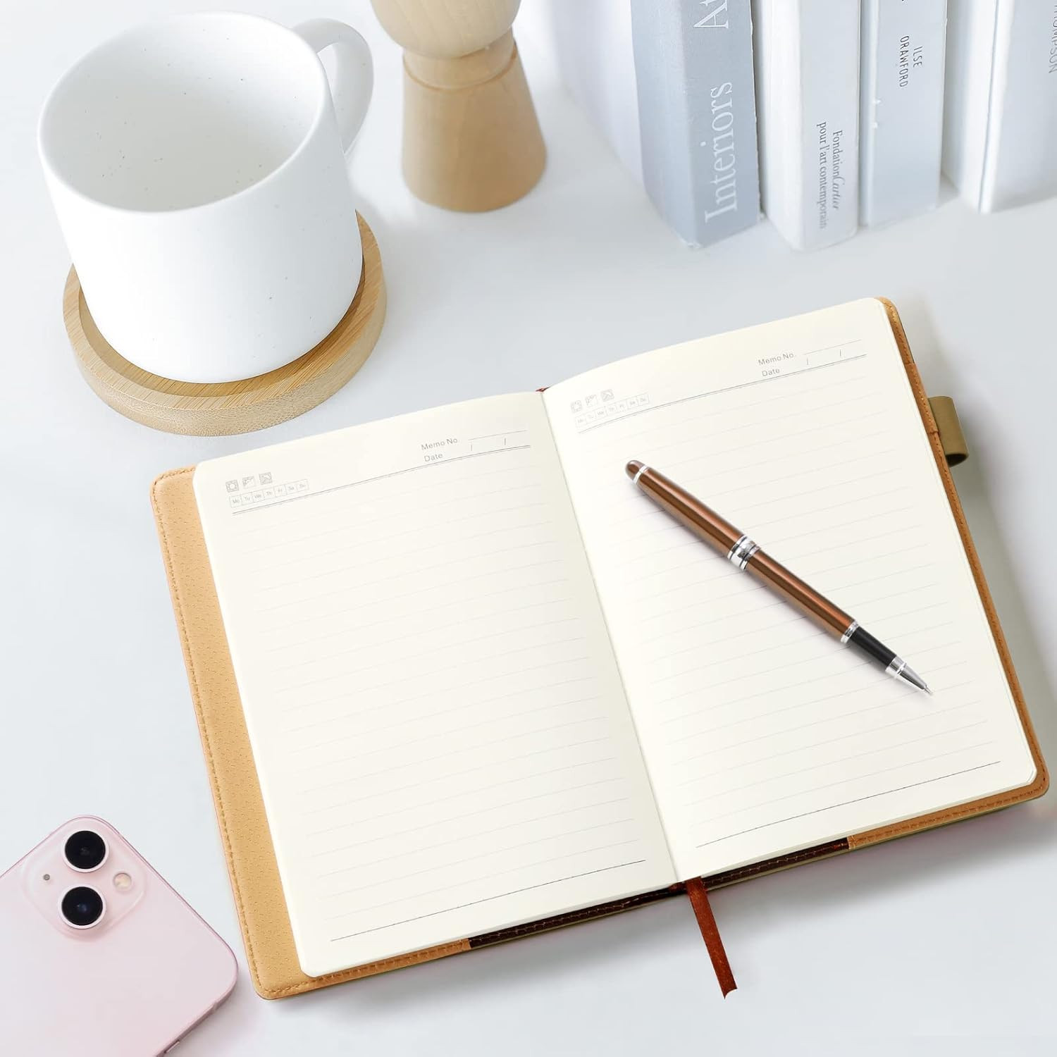 A5 Lined Leather Journal with Pen, 240 Pages Refillable Hardcover Notebook with
