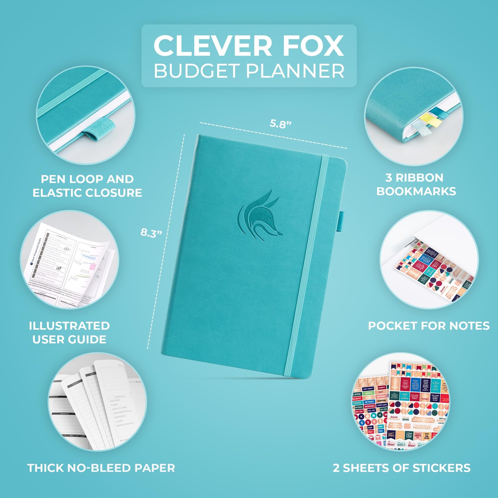 Clever Fox Budget Planner – Expense Tracker A5 (5.8” x 8.3”), Teal
