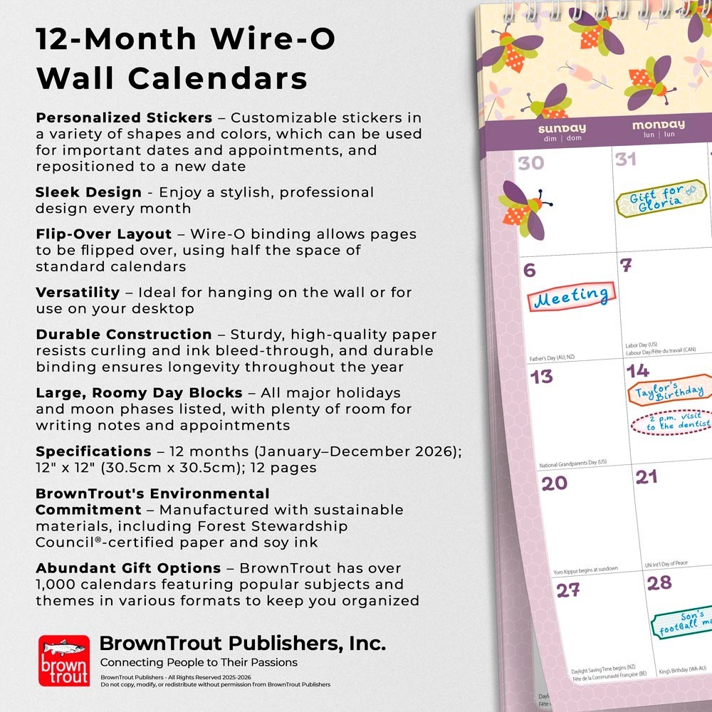 Busy Bees | 2026 12×12″ (Hanging) Monthly Square Wire-O Calendar