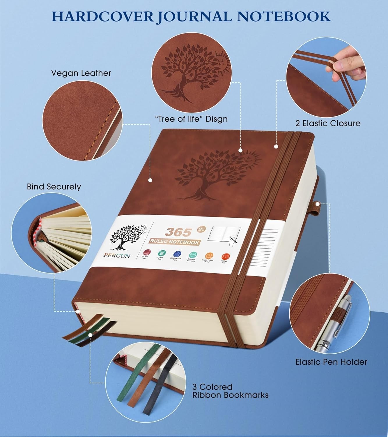 PERCUN B5 Lined Journal Notebook – 365 Page Large Leather Journals B5, Brown