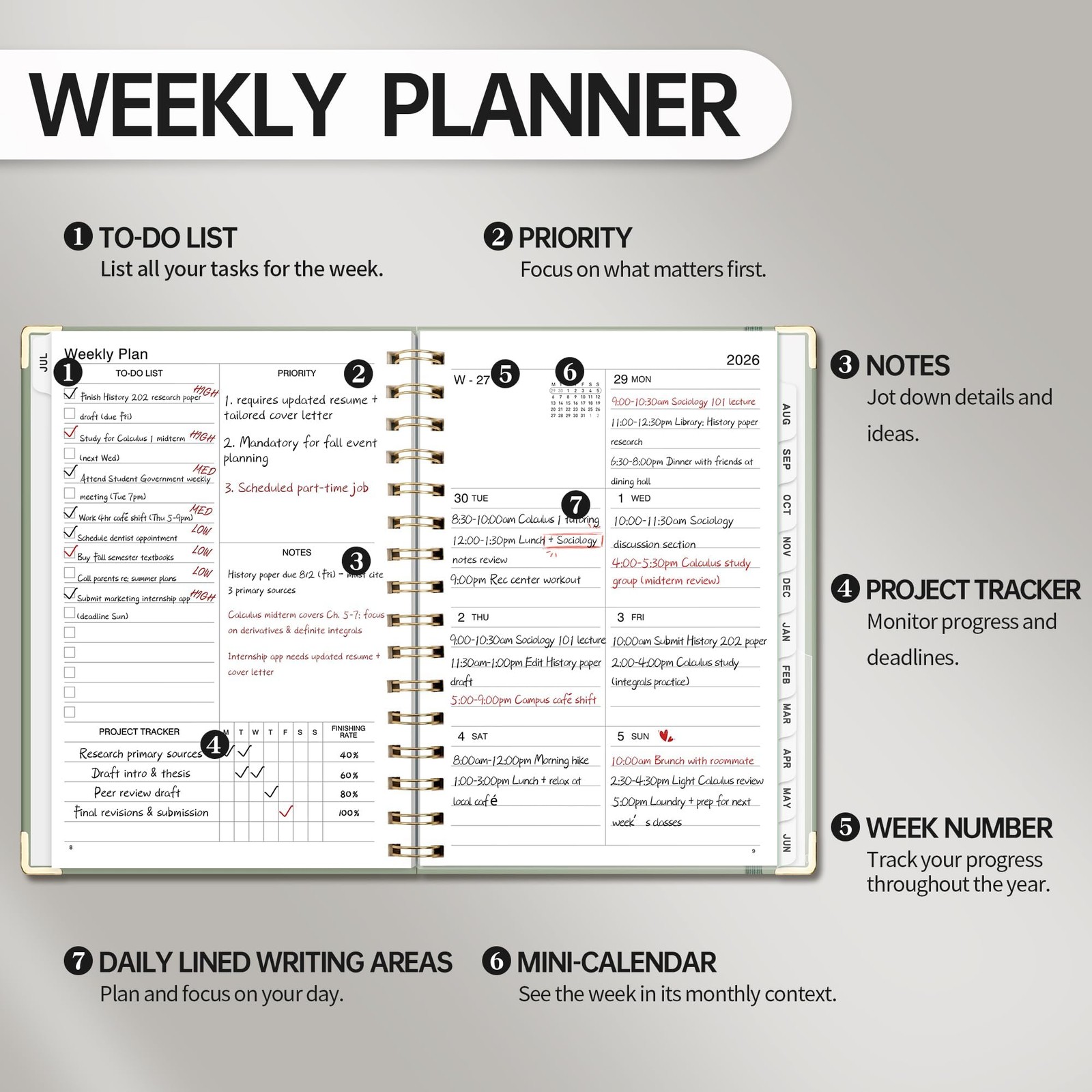 LOAPEM Academic Planner 2026-2027, Weekly A5 Size (5.7″ x 8.3″), Light Green