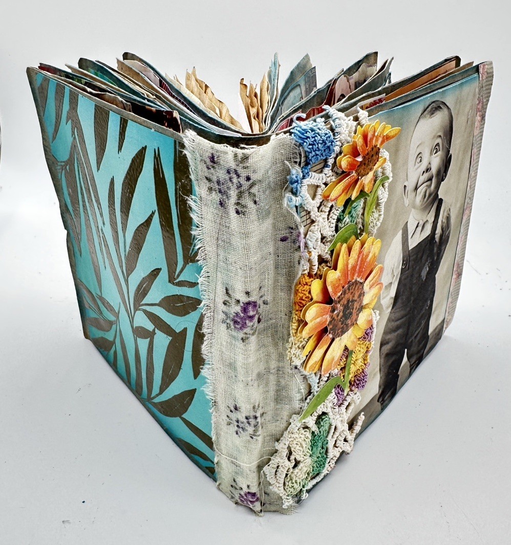 Junk Journal Young Boy Orange Yellow Flowers 6×5 Inches With Coffee Dyed Paper
