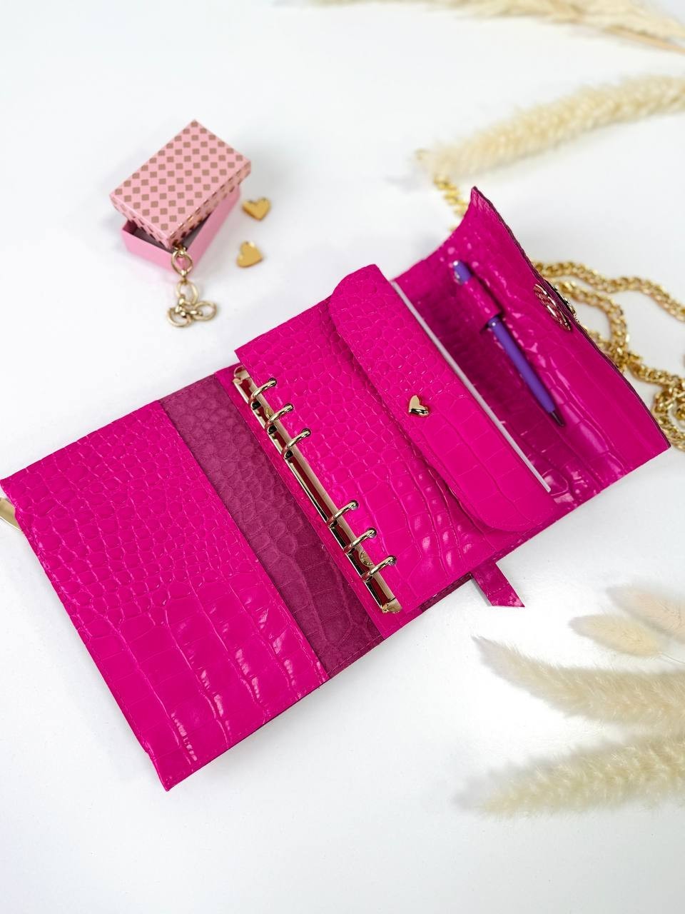 Pink A6 leather notebook cover-bag binder 6-Rings. Dated planner gift for her.
